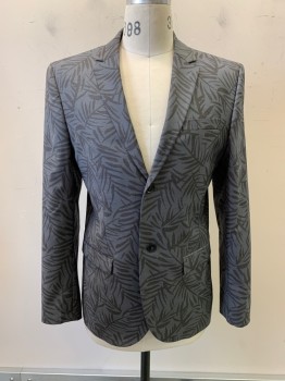 Mens, Suit, Jacket, TOPMAN, Gray, Charcoal Gray, Polyester, Wool, Leaves/Vines , 40R, 2 Buttons, Single Breasted, Notched Lapel, 3pockets,