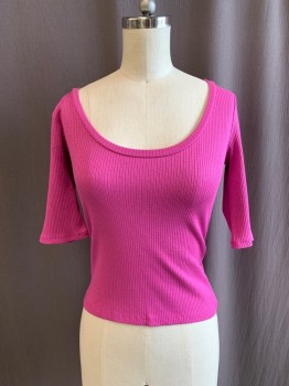 Womens, Blouse, LEITH, Magenta Purple, Modal, Spandex, S, Scoop Neckline, 3/4 Sleeve, Cropped