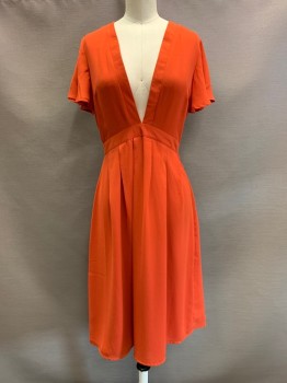 Womens, Dress, Storee, Red-Orange, Polyester, Solid, XS, S/S, V Neck, Pleated Skirt, Side Zipper,
