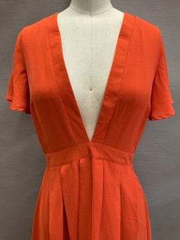 Storee, Red-Orange, Polyester, Solid, S/S, V Neck, Pleated Skirt, Side Zipper,