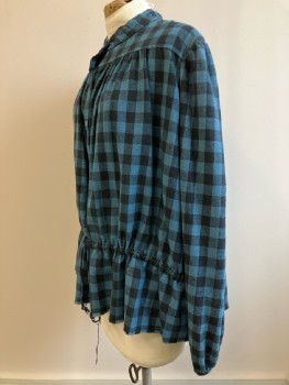 N/L, Blue, Black, Cotton, Check , CB B.F., L/S, Yoke, Drawstring At Low Waist, Raw Frayed Hem, Made To Order,