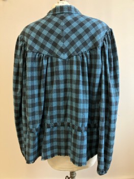 N/L, Blue, Black, Cotton, Check , CB B.F., L/S, Yoke, Drawstring At Low Waist, Raw Frayed Hem, Made To Order,