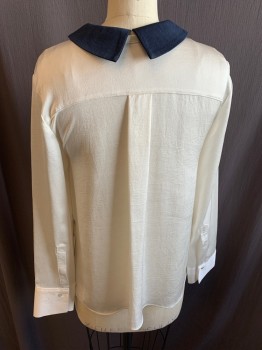 ZARA, Ivory White, Black, Navy Blue, Polyester, Solid, Black Collar Attached, Button Front, Long Sleeves, 2 Pockets with Navy Flaps