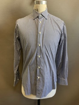 Mens, Casual Shirt, BARNEYS NY, Navy Blue, White, Black, Cotton, Gingham, 33, 15.5/, Collar Attached, Button Front, Long Sleeves