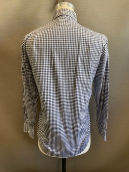 Mens, Casual Shirt, BARNEYS NY, Navy Blue, White, Black, Cotton, Gingham, 33, 15.5/, Collar Attached, Button Front, Long Sleeves