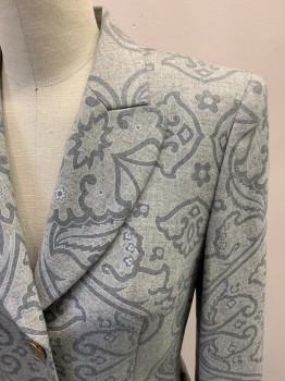Womens, Blazer, ESCADA, Heather Gray, Gray, Wool, Spandex, Paisley/Swirls, B36, Single Breasted, 4 Buttons, Rounded Peaked Lapel, 2 Pockets, Gold/Gray Pearl Buttons
