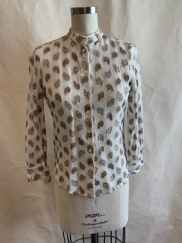 Womens, Blouse, DEBY DEBO, White, Gold, Paisley/Swirls, Stripes - Vertical , S, Band Collar, Button Front, L/S, *Red Stains By Collar*