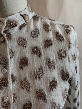 Womens, Blouse, DEBY DEBO, White, Gold, Paisley/Swirls, Stripes - Vertical , S, Band Collar, Button Front, L/S, *Red Stains By Collar*