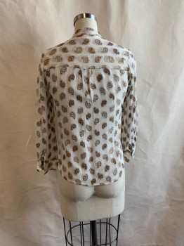 DEBY DEBO, White, Gold, Paisley/Swirls, Stripes - Vertical , Band Collar, Button Front, L/S, *Red Stains By Collar*