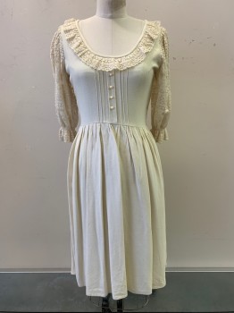 NO LABEL, Ivory White, Polyester, Solid, L/S, Scoop Neck, Lace Neck Trim and Sleeves, 4 Button, Pleated , Back Zipper,