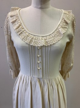 NO LABEL, Ivory White, Polyester, Solid, L/S, Scoop Neck, Lace Neck Trim and Sleeves, 4 Button, Pleated , Back Zipper,