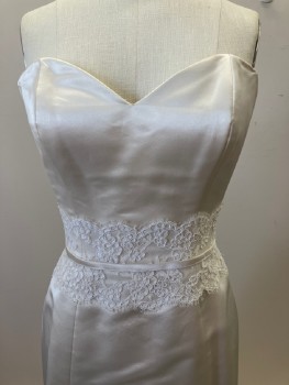 BIRNBAUM & BULLOCK , Pearl White, Polyester, Solid, Strapless, Sweetheart Neckline, Boning, Lace Band On Waist And Bottom, Back Zip With Self Buttons, Train
