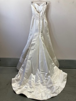 Womens, Wedding Gown, BIRNBAUM & BULLOCK , Pearl White, Polyester, Solid, W: 23, B: 30, Strapless, Sweetheart Neckline, Boning, Lace Band On Waist And Bottom, Back Zip With Self Buttons, Train