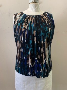 Womens, Top, CALVIN KLEIN, Teal Blue, Black, Beige, Polyester, Spandex, Abstract , 1X, Round Neck, Slvls, Pleated Neck, Keyhole Back