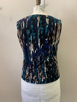 Womens, Top, CALVIN KLEIN, Teal Blue, Black, Beige, Polyester, Spandex, Abstract , 1X, Round Neck, Slvls, Pleated Neck, Keyhole Back