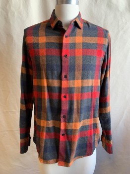 TOPMAN, Red, Charcoal Gray, Orange, Cotton, Polyester, Check , Button Front, Collar Attached, Long Sleeves, Button Cuff