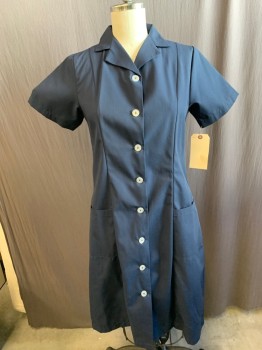 Womens, Waitress/Maid, EWC, Navy Blue, Poly/Cotton, Solid, 14, Button Front, Collar Attached, Short Sleeves, 2 Pockets,