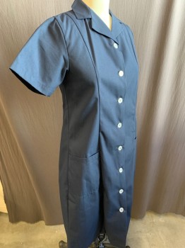 EWC, Navy Blue, Poly/Cotton, Solid, Button Front, Collar Attached, Short Sleeves, 2 Pockets,