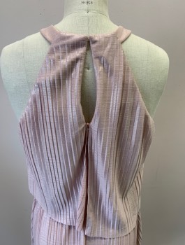 Womens, Cocktail Dress, LAUNDRY, Iridescent Pink, Polyester, Solid, B34, 6, W26, Poly/jersey Knit , Accordion Pleats,  Round Halter Neck,  Asymmetrical  Tier Layers High Low Hem, CB Zipper W/keyhole,