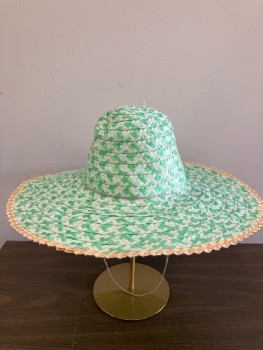 N/L, Green, White, Tan Brown, Plastic, Herringbone, Woven Sun Hat, 2 Grommet Vents, Pin/Yellow Woven Rick Rack Edge Trim