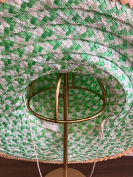 N/L, Green, White, Tan Brown, Plastic, Herringbone, Woven Sun Hat, 2 Grommet Vents, Pin/Yellow Woven Rick Rack Edge Trim