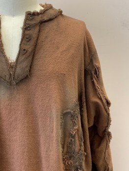 NO LABEL, Brown, Dusty Brown, Cotton, Solid, L/S, V Neck, Aged And Distressed, Fringe Trim, Made To Order,