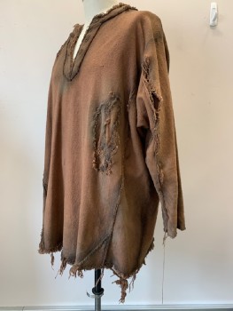 Mens, Historical Fiction Shirt, NO LABEL, Brown, Dusty Brown, Cotton, Solid, 2XL, L/S, V Neck, Aged And Distressed, Fringe Trim, Made To Order,