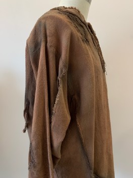 NO LABEL, Brown, Dusty Brown, Cotton, Solid, L/S, V Neck, Aged And Distressed, Fringe Trim, Made To Order,