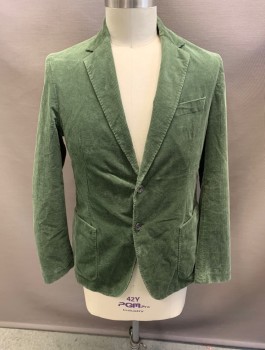 Mens, Sportcoat/Blazer, HUGO BOSS, Dk Green, Cotton, Elastane, 42R, Corduroy, Notched Lapel, Single Breasted, Button Front, 2 Buttons, 3 Pockets