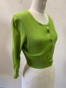 ANN TAYLOR, Lime Green, Cotton, Nylon, Solid, Knit, 3/4 Sleeves, Scoop Neck, Cropped