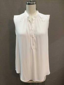 ANN TAYLOR, Off White, Polyester, Solid, Sleeveless, Button Front Placket, Tab Collar, Fagoting Detail, Gathering At The Neck