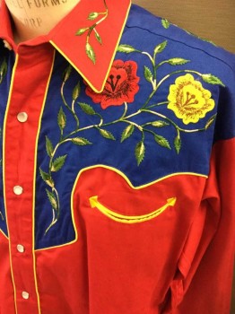 Mens, Western, ROCKMOUNT RANCH WEAR, Red, Blue, Yellow, Green, Cotton, Floral, Solid, L, Long Sleeves, Floral Embroidery, Western Pocket, Snap Front, 5 Snaps On Cuffs, Double