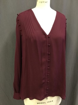 PAIGE, Red Burgundy, Silk, Solid, Stitched Shut Button Loop Front Close Placket, V-neck, Pin Tucks Front Yoke, Decorative Buttons Around Arms Eyes, Long Sleeves with Button Cuffs