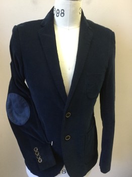 Mens, Sportcoat/Blazer, PAISLEY & GRAY, Midnight Blue, Navy Blue, Cotton, Polyester, Solid, Herringbone, 38S, Midnight Blue Corduroy with Shiny Teal Blue with Diamond Print Lining, Notched Lapel, Single Breasted, 2 Button Front, 3 Pockets, Long Sleeves with Oval Teal Blue/navy Oval Patch @ Elbow