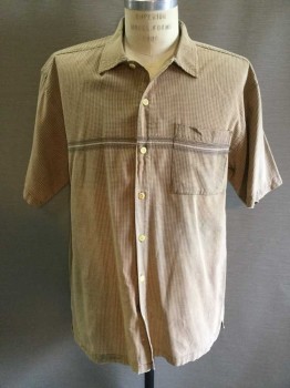 NO BOUNDARIES, Lt Brown, Olive Green, Cream, Cotton, Plaid, Stripes - Horizontal , Aged/Distressed,  Olive, Light Brown, Cream Tiny Plaid, Collar Attached, Button Front, 1 Pocket, W/ornate Olive,brown,cram Rope Horizontal Stripe Across Chest, Short Sleeve,  See Photo Attached,