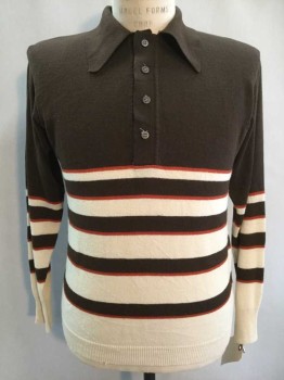 Mens, Pullover Sweater, ARROW, Brown, Burnt Orange, Cream, Acrylic, Medium, Long Sleeves, Collar, 4 Button Placket