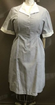 Womens, Waitress/Maid, EDWARDS, Gray, White, Polyester, Stripes - Micro, 40, 44, Multiples, Shirt Waist, Concealed Buttons, 1/2 Pointed Shawl Lapel in White, Short Sleeves with White Cuffs, Waist Tie Belt Attached Front, 2 Pockets, Back Box Pleats