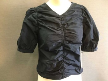 H&M, Black, Polyester, Solid, V-neck, Puff Short Sleeve, Rouched Center Front, Button Back Neck Pull Over