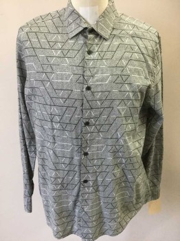 ALFANI, Gray, White, Dk Olive Grn, Cotton, Novelty Pattern, Lines That Make Broken Triangles Print, Long Sleeves, Button Front, Collar Attached,
