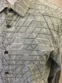 ALFANI, Gray, White, Dk Olive Grn, Cotton, Novelty Pattern, Lines That Make Broken Triangles Print, Long Sleeves, Button Front, Collar Attached,