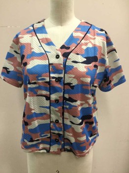 NINTH HALL, Dusty Rose Pink, Cornflower Blue, Navy Blue, White, Polyester, Camouflage, Mesh Crop Short Sleeves, Button Front, Navy Baseball Style Piping
