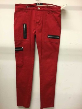 Mens, Casual Pants, ROYAL BONES, Red, Black, Cotton, Spandex, Solid, 32, 32W, Flat Front,  Blk Top Stitching  Multiple Zipper,