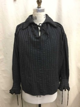 N/L, Charcoal Gray, Black, Cotton, Stripes - Vertical , Long Sleeves, Pullover, Collar Attached, Self Ties At Neck, Self Tie Cuffs, Black Crochet Lace Trim At Cuffs & Neck