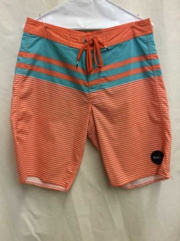 Mens, Swim Trunks, RVCA, Orange, Turquoise Blue, White, Synthetic, Stripes, 30, Tie and Velcro, Doubles,
