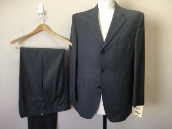 Mens, Suit, Jacket, LANZA MALIBU, Slate Blue, Wool, Solid, 44R, Single Breasted, 3 Buttons,  3 Pockets, Notched Lapel, Textured Weave