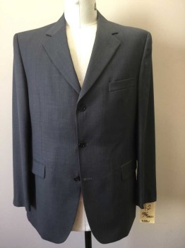 Mens, Suit, Jacket, LANZA MALIBU, Slate Blue, Wool, Solid, 44R, Single Breasted, 3 Buttons,  3 Pockets, Notched Lapel, Textured Weave