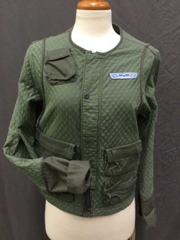 Womens, Casual Jacket, G STAR RAW, Olive Green, Cotton, Solid, Diamonds, S, Zip Front, Crew Neck, No Collar, Quilted, Pouch Pockets with Zips and Flaps, Bound Edges