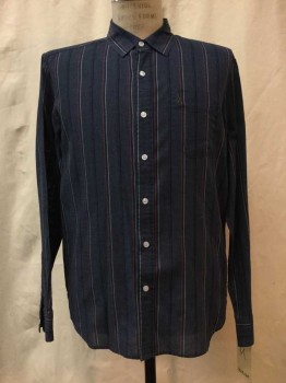 VOLCOM, Dk Blue, Navy Blue, White, Rust Orange, Cotton, Polyester, Stripes, Heather Dk Blue, Navy/ White/ Rust Stripes, Button Front, Collar Attached, Long Sleeves, 1 Pocket,