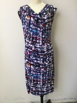 Womens, Dress, Sleeveless, ROBERT RODRIQUEZ, Navy Blue, White, Lt Pink, Orange, Red Burgundy, Polyester, Abstract , Squares, B34, 6, W28, Slvls, Cowl Neck, Gathered at Side Hips, Back Surplice with Wrap Type Skirt, Spaghetti Strap at Neck