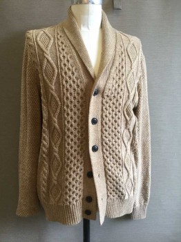Mens, Cardigan Sweater, GAP, Lt Brown, Cotton, Polyester, Heathered, L, Shawl Collar, 6 Buttons, Rib Knit Cuffs and Hem, Vertical Mixed Knit Design Front